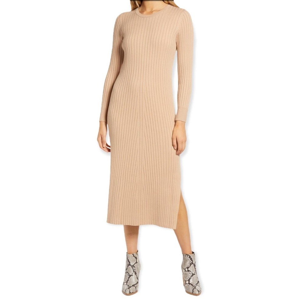WAYF x BFF Hollie Long Sleeve Sweater Dress. Tan. Size M